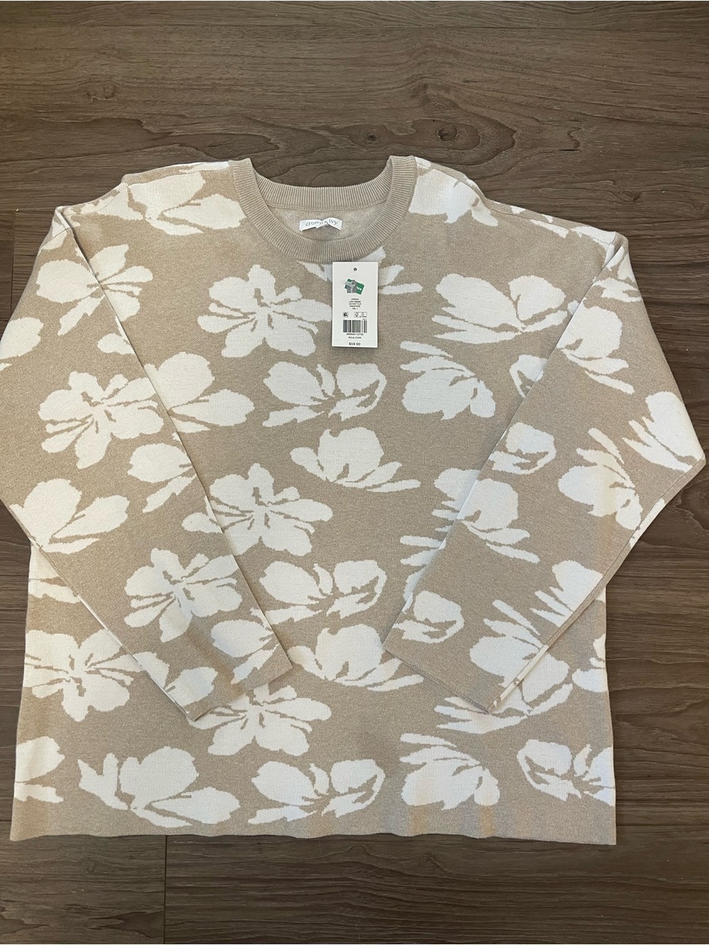 crown & ivy Beige Crewneck Sweater with White Floral Jacquard
